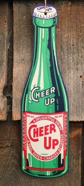Vintage 40s Cheer Up Soda Pop Beverage 2 Sided Die Cut 8” Fan Light Pull Sign