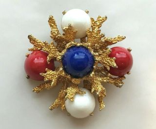Vintage Pauline Rader Abstract Red Blue White Glass Cabochon Brooch Gold Tone