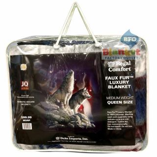 Patriotic Wolves Wolf Usa Flag Howl Moon Queen Size Faux Fur Mink Blanket