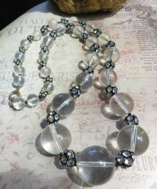 Wonderful Vintage Chunky Lucite & Rhinestone Rondell Graduated Beads Necklace
