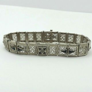 Art Deco Rhodium Plated Filigree Sapphire Crystal Bracelet 7.  5 "