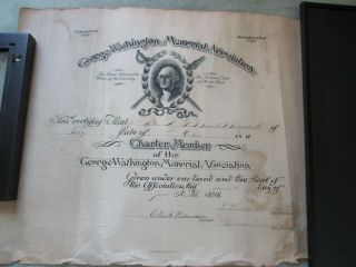 George Washington Memorial Association Membership 1898 Charter Member Certificat