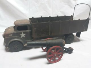 2 Vintage Toys Lumar Marx Army Transport Truck Pressed Steel & Cast Iron Cannon