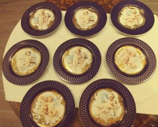 8 Fitz And Floyd " Les Anges” Fine Porcelain 8” Salad,  Dessert Plates Blue & Gold