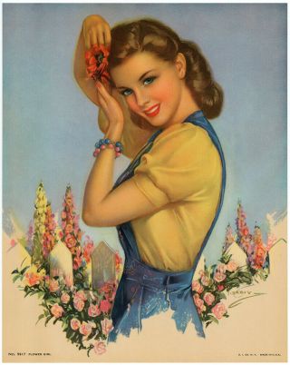 Vintage 1940s Winsome Good Girl Art Pin - Up Print Darling Springtime Flower Girl