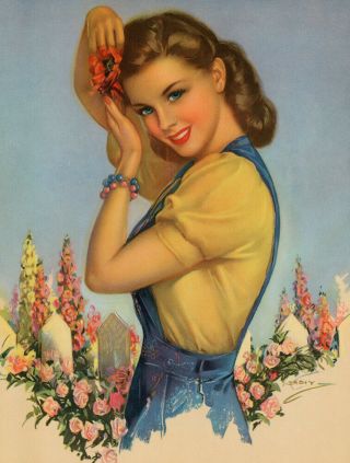 Vintage 1940s Winsome Good Girl Art Pin - Up Print Darling Springtime Flower Girl 2