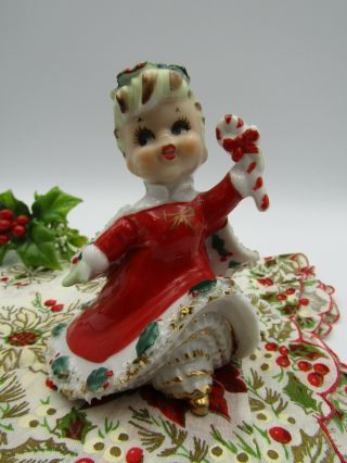 Vintage Lefton Ceramic Porcelain Figurine Girl With Candy Cane 3 3/4 " Tall