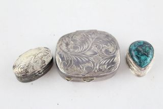 3 Vintage.  925 Sterling Silver Pill / Trinket Boxes Inc Turquoise,  Engraved 40g