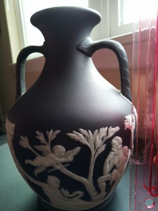 Vintage Wedgwood White On Black Jasperware Portland Vase Rope Handles 9 Inches