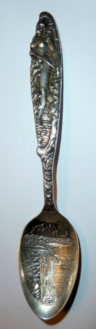 1910s Silver Spoon Native American Indian Design Niagara Falls Maiden & Canoe Ny