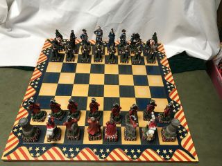 Vintage Revolutionary War Battle Chess Set Complete Hand Paint Color Wood Board