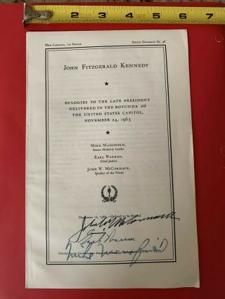 Autographs Of Justice Warren,  Sen.  Mansfield & Speaker Maccormack On Jfk Eulogy