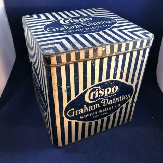 Vintage Crispo Graham Dainties Sawyer Biscuit Co.  Chicago Tin 2 Lbs.  Blue White