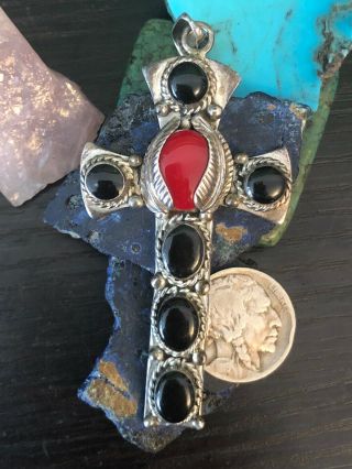 Vintage Native American Coral Onyx Taxco 925 Sterling Silver Cross 20 G
