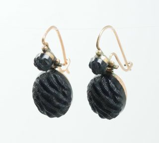 Antique Pair 19c Victorian Gold Gf Carved Black Glass Mourning Dangle Earrings
