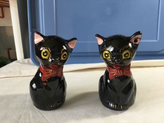 Vintage Black Cat Kitty Kitten Salt And Pepper Shakers Redware Made In Japan