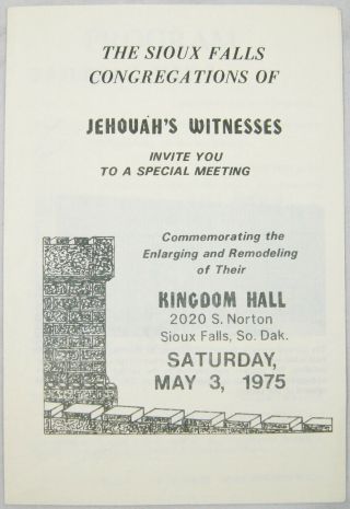 1975 Kingdom Hall Dedication Program Sioux Falls Sd Watchtower Jehovah