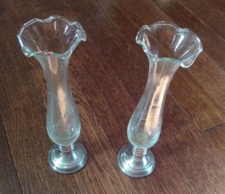 Set Of 2 Empire Weighted Pewter Candle Stick Holder Delicate Etched Glass 792