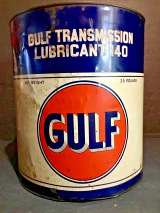 Vintage Gulf Oil Old Logo Gulf Transmission Lubricant 140 25lb Metal Can (empty)