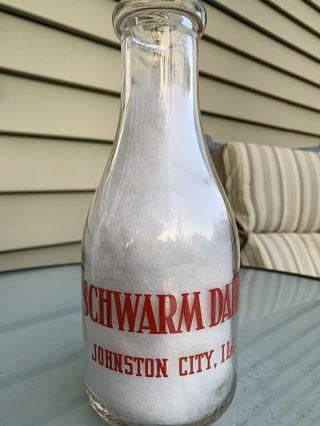 Schwarm Dairy Pyroglaze Quart Dairy Milk Bottle Johnston City,  Illinois