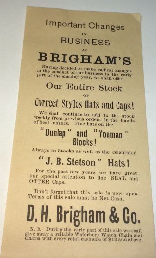 Rare Antique Victorian American Hatter Brigham Flyer,  Advertising Stetson Hats