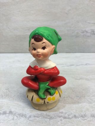 Vintage Lefton 6393 Christmas Elf Pixie Figurine Sitting On A Mushroom,  4 "