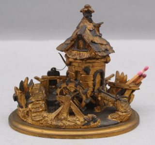 19thc Antique French Grain Mill Waterwheel Gold Gilt Bronze Inkwell Match - Safe