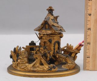 19thC Antique French Grain Mill Waterwheel Gold Gilt Bronze Inkwell Match - Safe 2