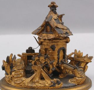 19thC Antique French Grain Mill Waterwheel Gold Gilt Bronze Inkwell Match - Safe 3