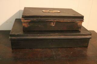 2 Vintage Restoration Hardware Black Metal Boxes With Skeleton Keys & Brass