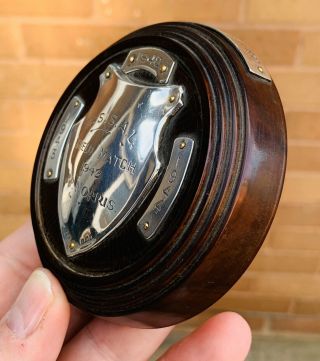 A NICELY MADE “LIGNUM VITAE” SOLID SILVER MOUNTED PAPER WEIGHT / TROPHY,  C1940s. 3