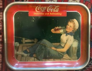 Vintage 1940 Originial Coca Cola Tray Girl Fishing