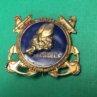 WWII Navy Seabees Sterling Silver.  925 Blue Enamel Pin Metal Craft Co.  Vintage 3