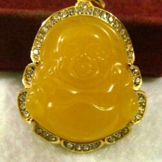 Vintage Carved Yellow Jade Buddha Intaglio Gold Pendant