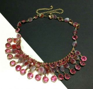 Vintage Rifas Pink Rhinestone Givre Glass Necklace Bezel Set Crystal Gold Ww121y