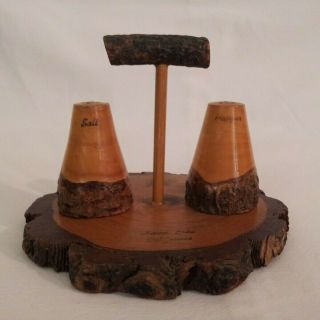 Vintage Souvenir 3 Piece Tree Bark Wooden Salt And Pepper Shakers Lake Hume