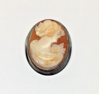 Antique Sterling Silver Hand Carved Cameo Rope Accented Boarder Oval Brooch Pin