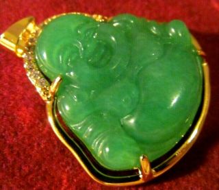 Vintage ? Carved Green Jade Buddha Intaglio Gold Pendant,