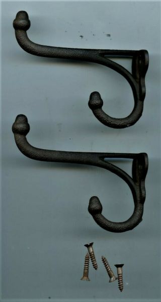 3 Coat Hooks Rustic Farm House Old Cast Iron,  1880’s Acorn Top,  W/screws