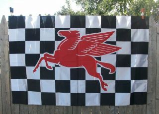 Vintage Mobile Gas Oil Pegasus Checkered Flag Racing Banner Flag Gas Station