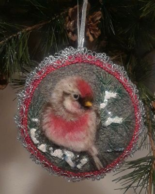 Needle Felted 3d Finch/bird Christmas Ornament Ooak Fabric Art By Renate 