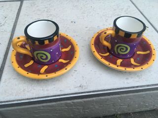 Two Bella Casa By Ganz Demitasse Cups & Saucers Yellow Maroon Green Black 2.  25”