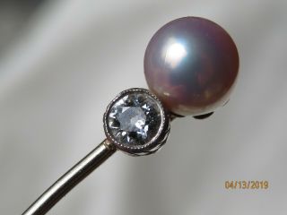 Vintage 14k White Gold Diamond & Pearl Stick Pin