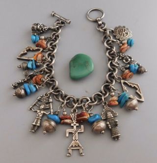 Vintage Navajo Sterling Turquoise Spiny Oyster Charm Bracelet Old Pawn 59 Grams