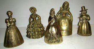 5 Victorian Ladies Brass Bells.  Assorted.  Clappers