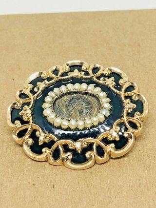 Antique Early Victorian Black Enamel & Pearl Mourning Brooch Momento Mori 1840s