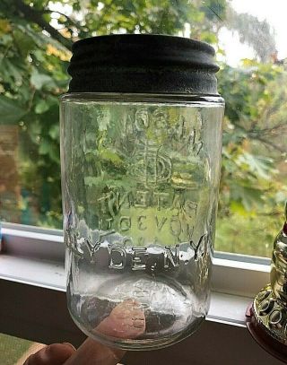 Scarce Pt. ,  Clear Glass CLYDE,  N.  Y.  MASON ' S CFJ PATENT NOV 30TH 1858 Whittled Jar 2