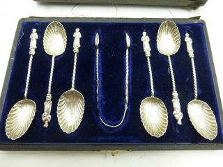 Set Of Six Antique Victorian Silver Apostle Spoons & Sugar Tongs Birmingham 1896