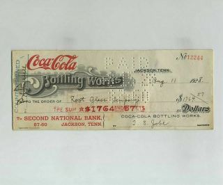 Vintage 1928 Advertising Bank Check Coca - Cola Bottling Jackson Tn Wz8385