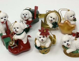 7 Vintage Collectible Danbury Bichon Frise Christmas Ornaments